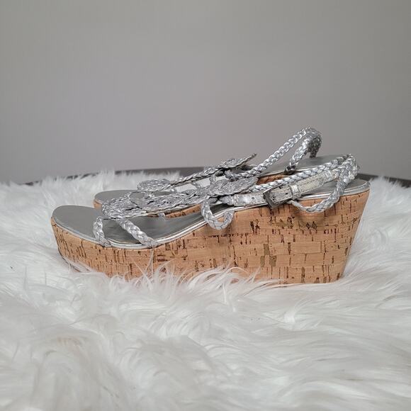 Kate Spade New York Women’s 8.5 Wedge Sandals Silver Braided Cork Heel - Picture 5 of 11